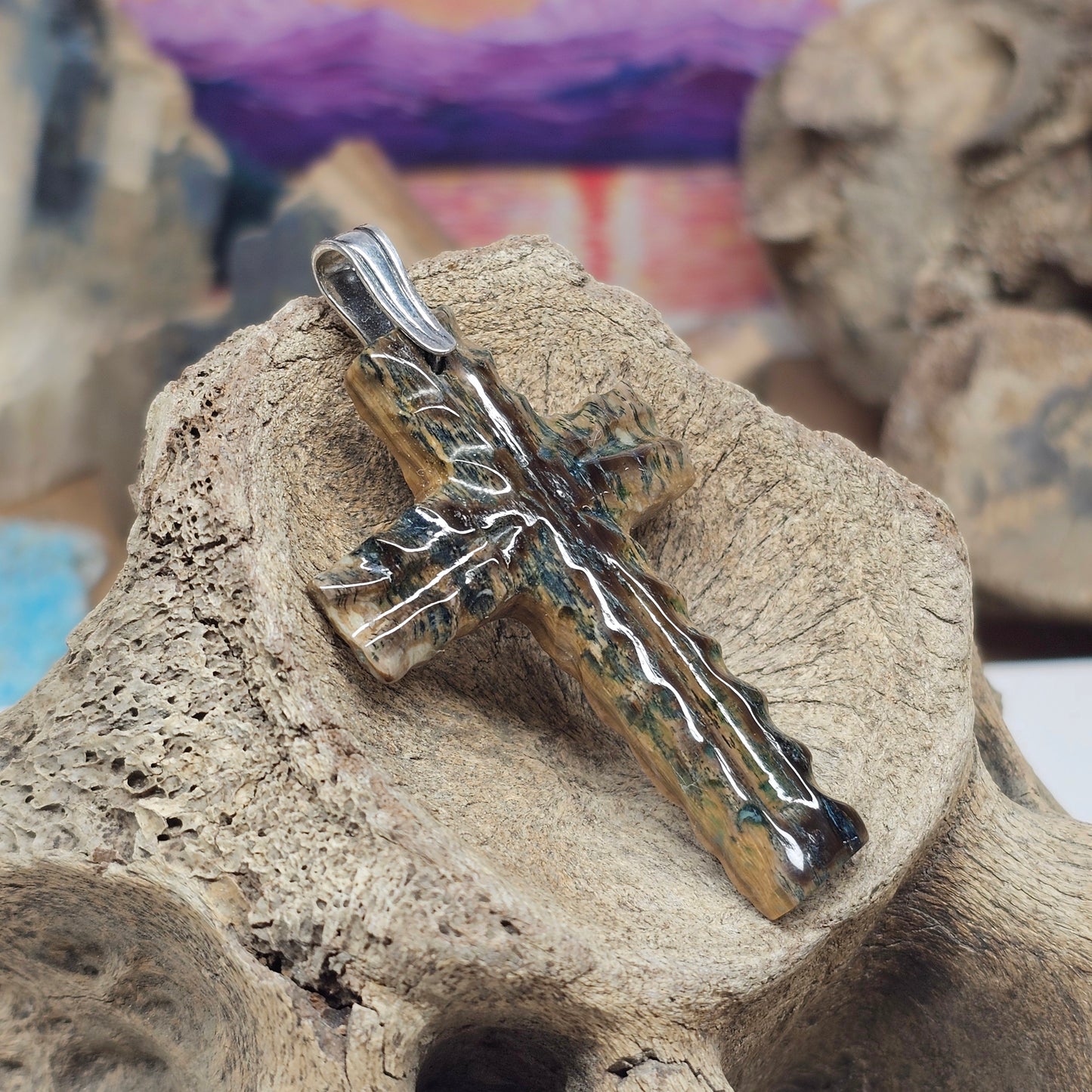 Woolly Mammoth Fossil Ivory Christian Cross Pendant | Vivianite Rich