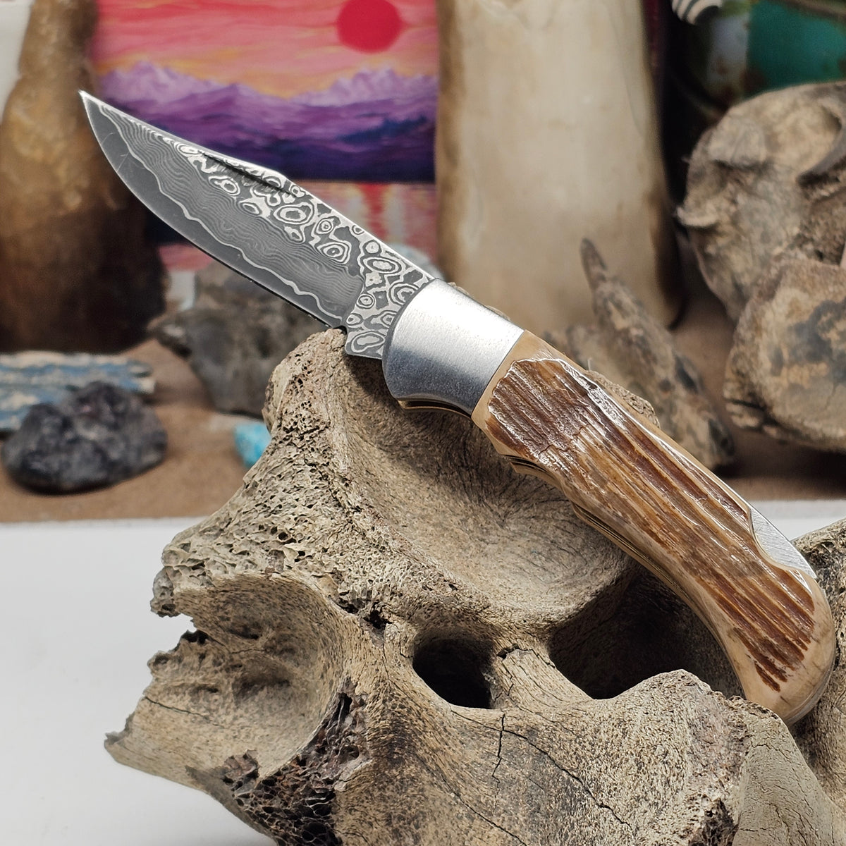 Woolly Mammoth Fossil Ivory Damascus Lock Blade Pocket Knife