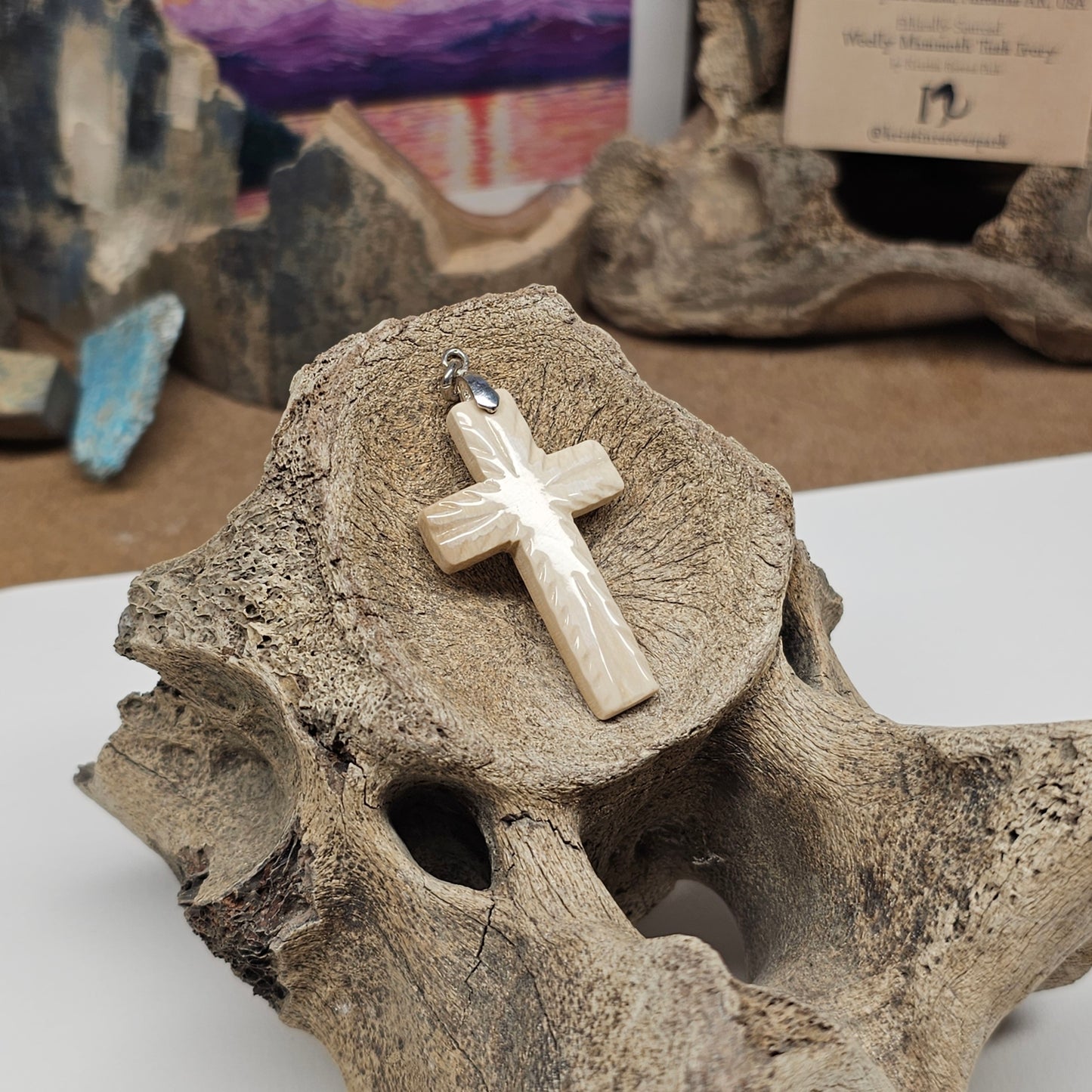 Carved Fossil Ivory Christian Cross Pendant – Sculpted Form | Ice Age Treasures