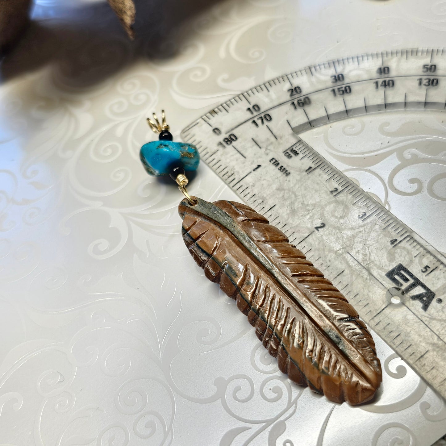 Boneyard Alaska Woolly Mammoth Ivory Carved Feather and Turquoise Pendant