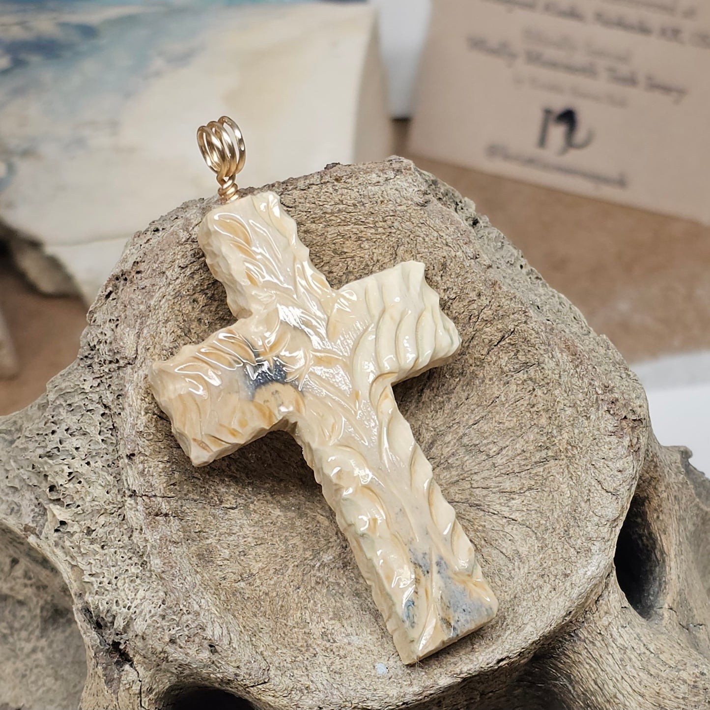 Boneyard Woolly Mammoth Fossil Ivory Christian Cross Pendant - Carved