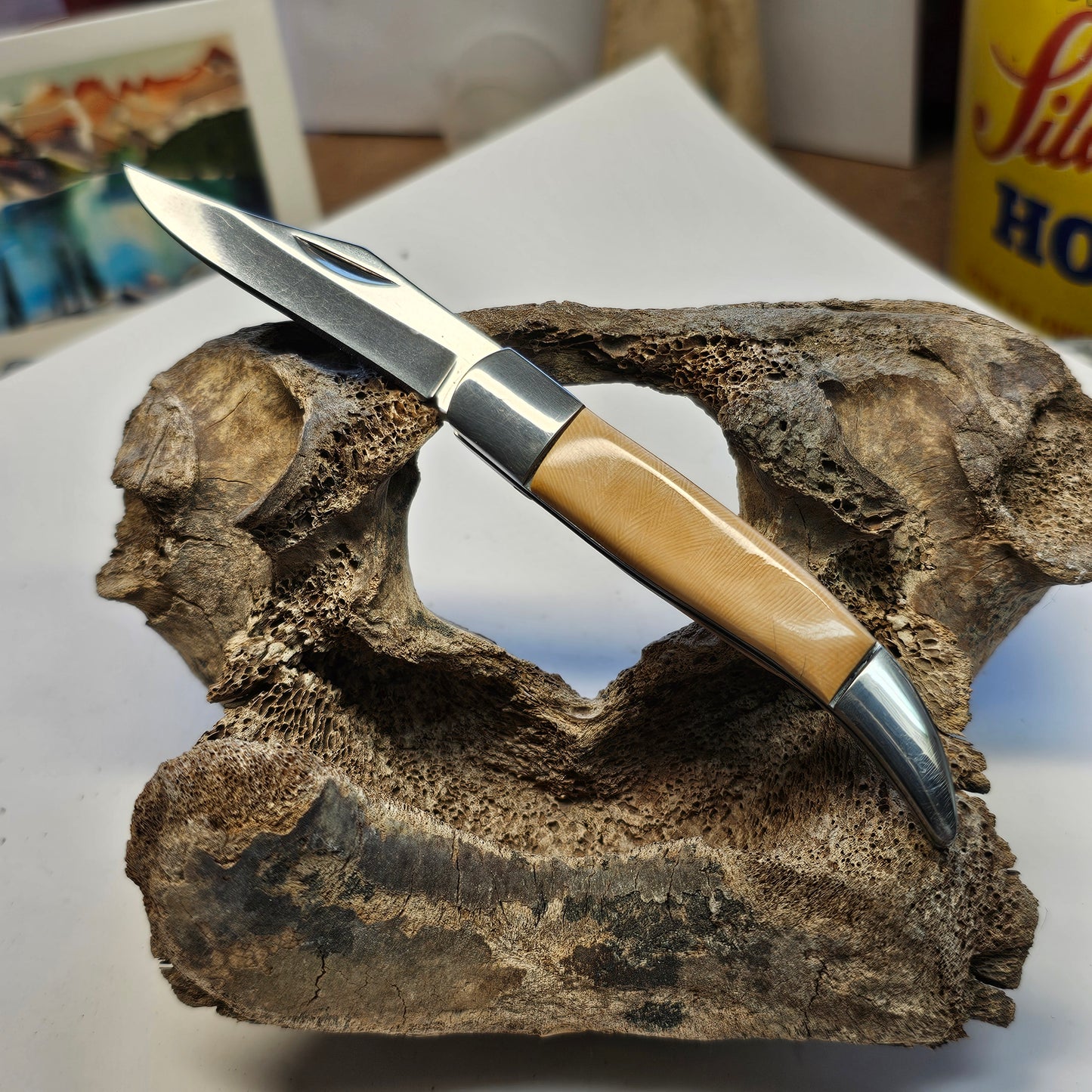 Woolly Mammoth Ivory Grip Texas Toothpick Pocket Knife with Scrimshaw